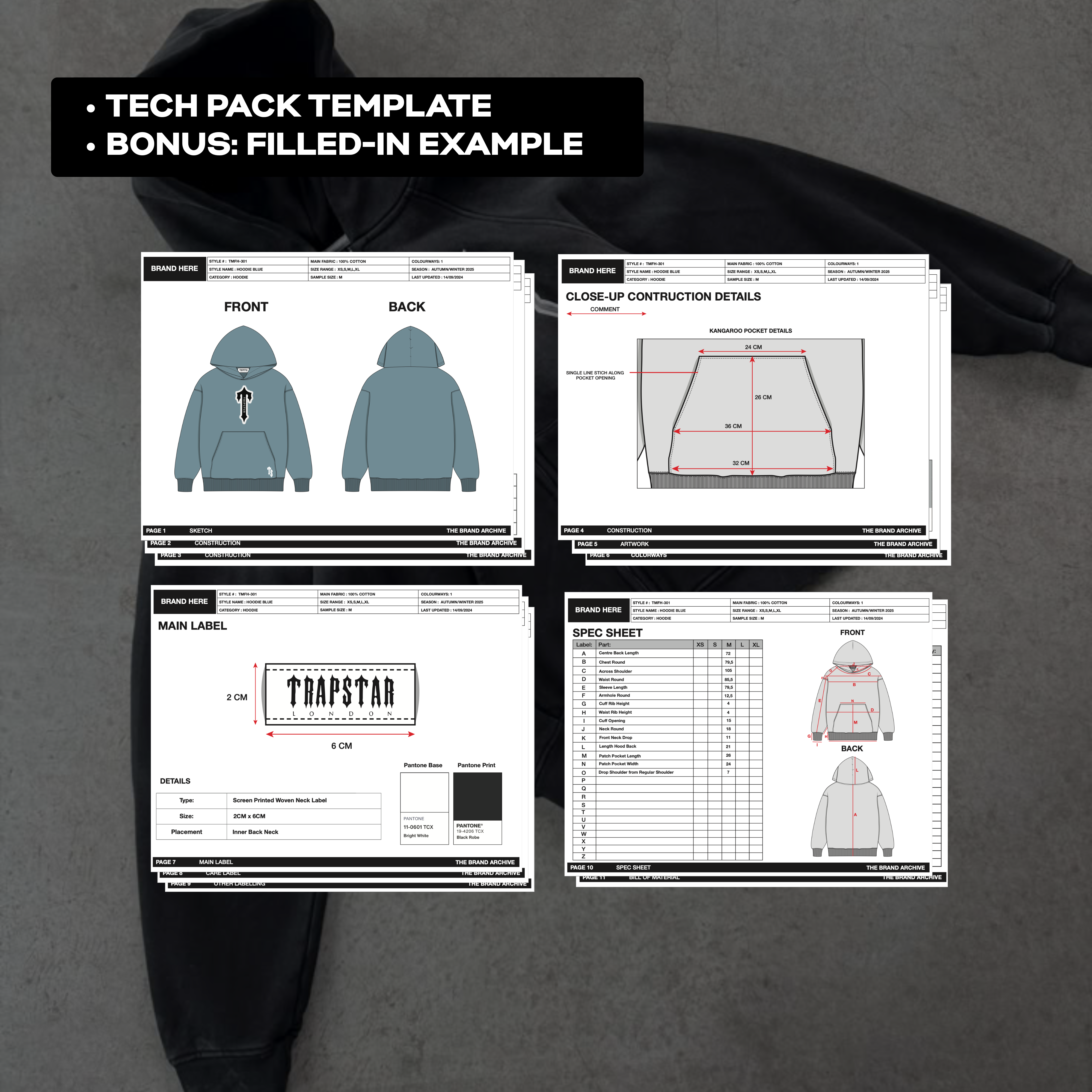mage showing a completed fashion tech pack template filled in with all necessary details including design sketches, material specifications, and production instructions for a clothing brand