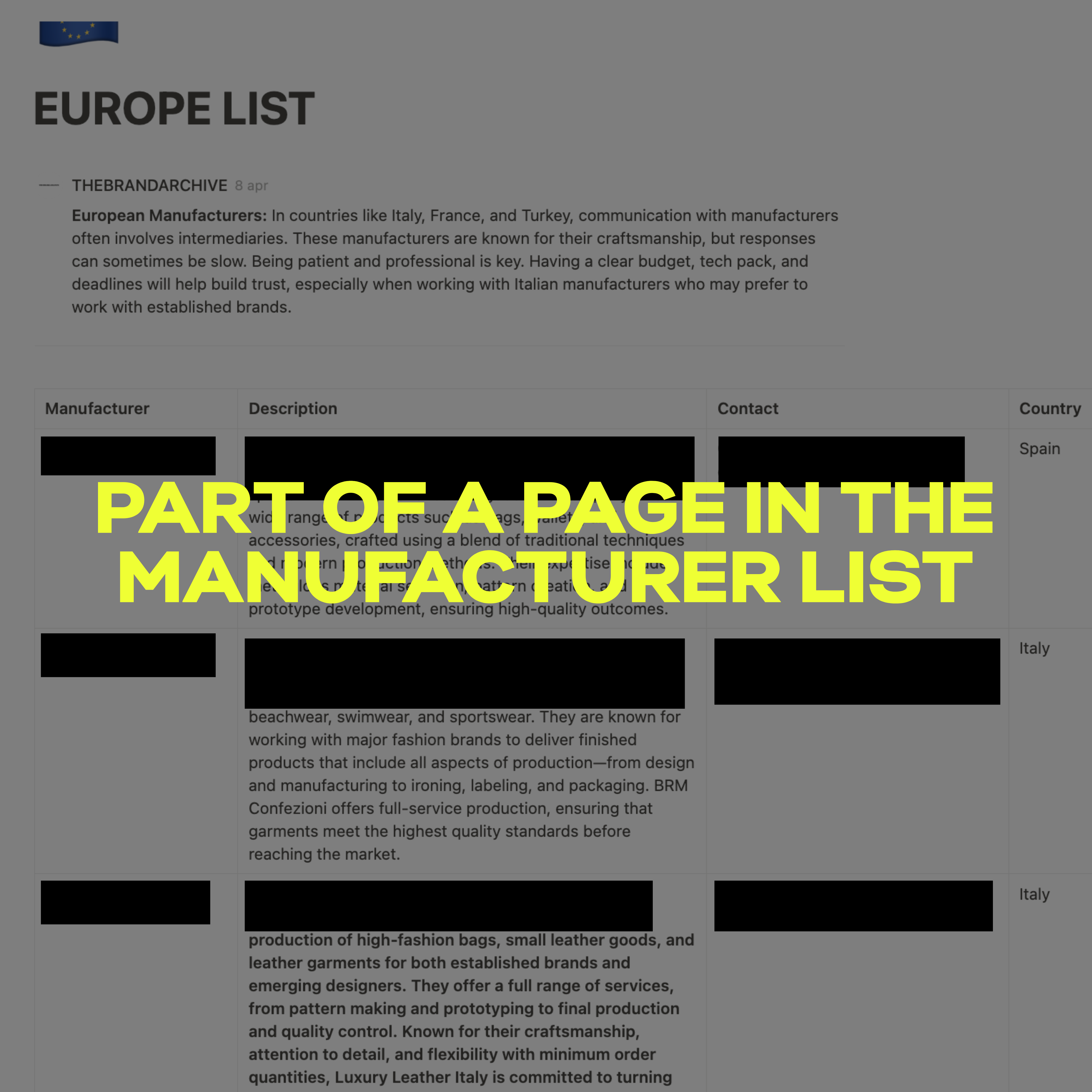 Preview of the global manufacturer list from the Ultimate Clothing Brand Bundle, featuring 600+ trusted suppliers from over 30 countries with low minimum order quantities (MOQs).