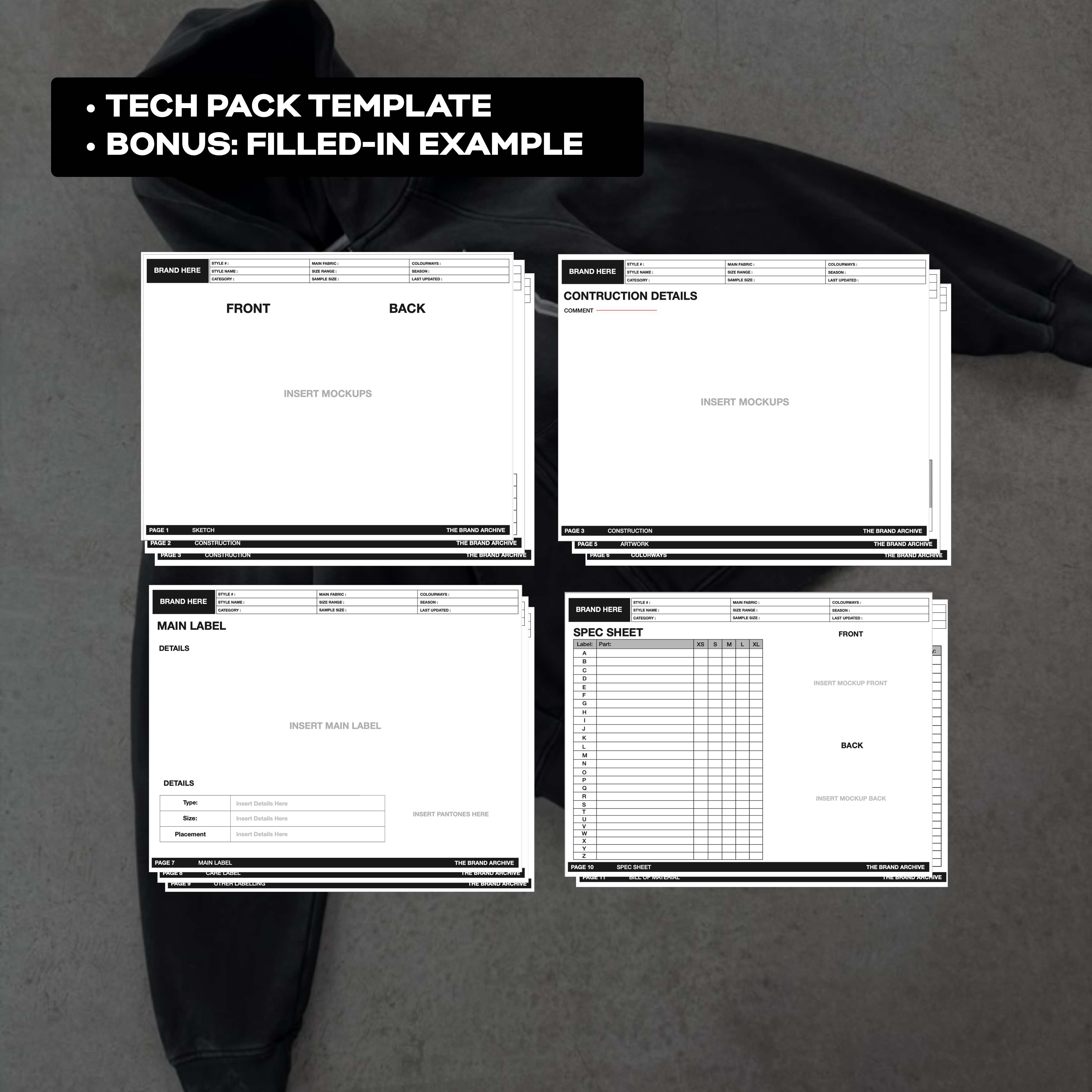 Full view of the editable tech pack template included in the Ultimate Clothing Brand Bundle, designed for clear communication with manufacturers and production teams.