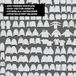 Overview image of all 400+ clothing design mockups and 1200+ vector assets from the Ultimate Clothing Brand Bundle, covering all product categories and updated every season.