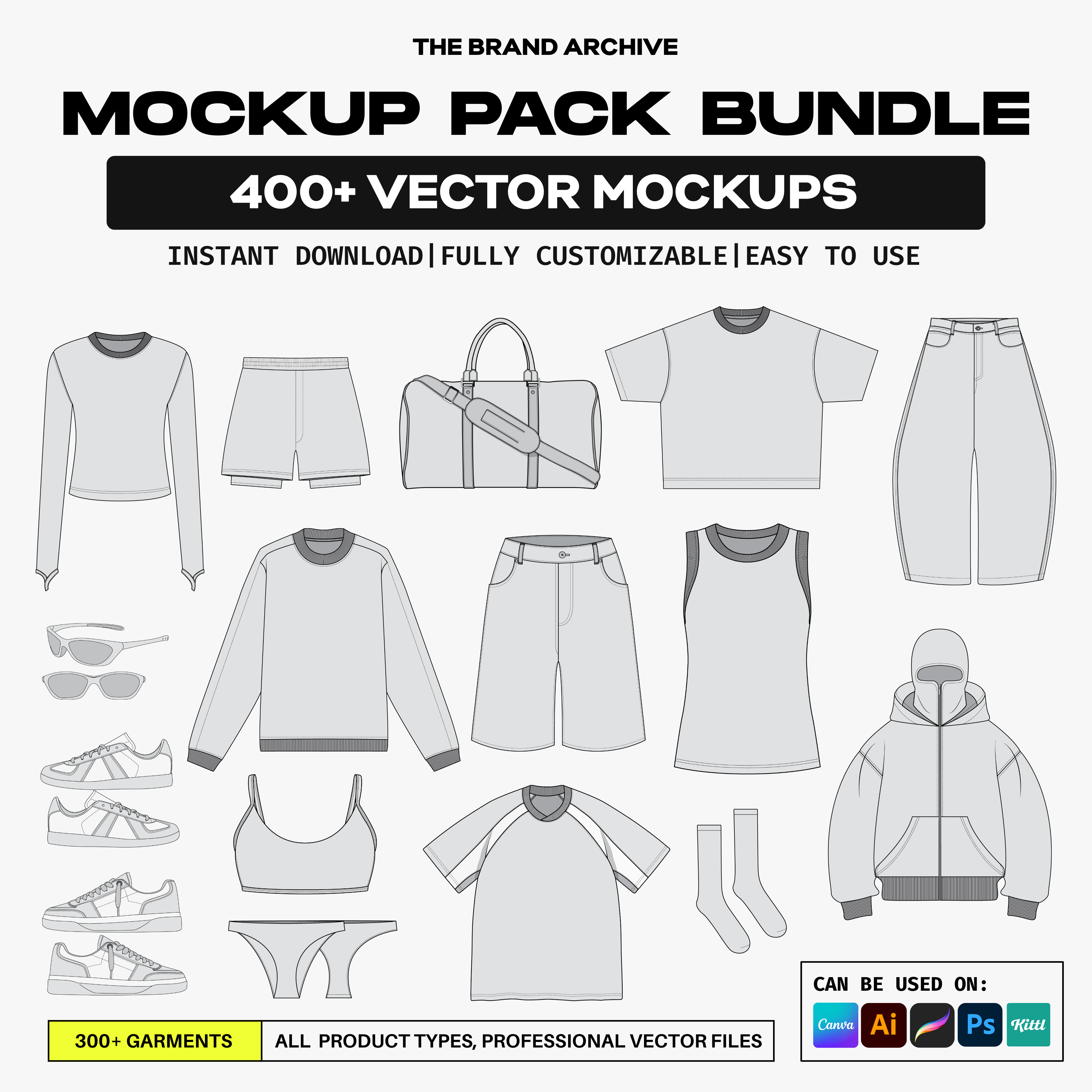 Showcasing our 400+ Vector Mockup Bundle with editable, high-quality clothing designs perfect for any brand, offering endless customization possibilities.