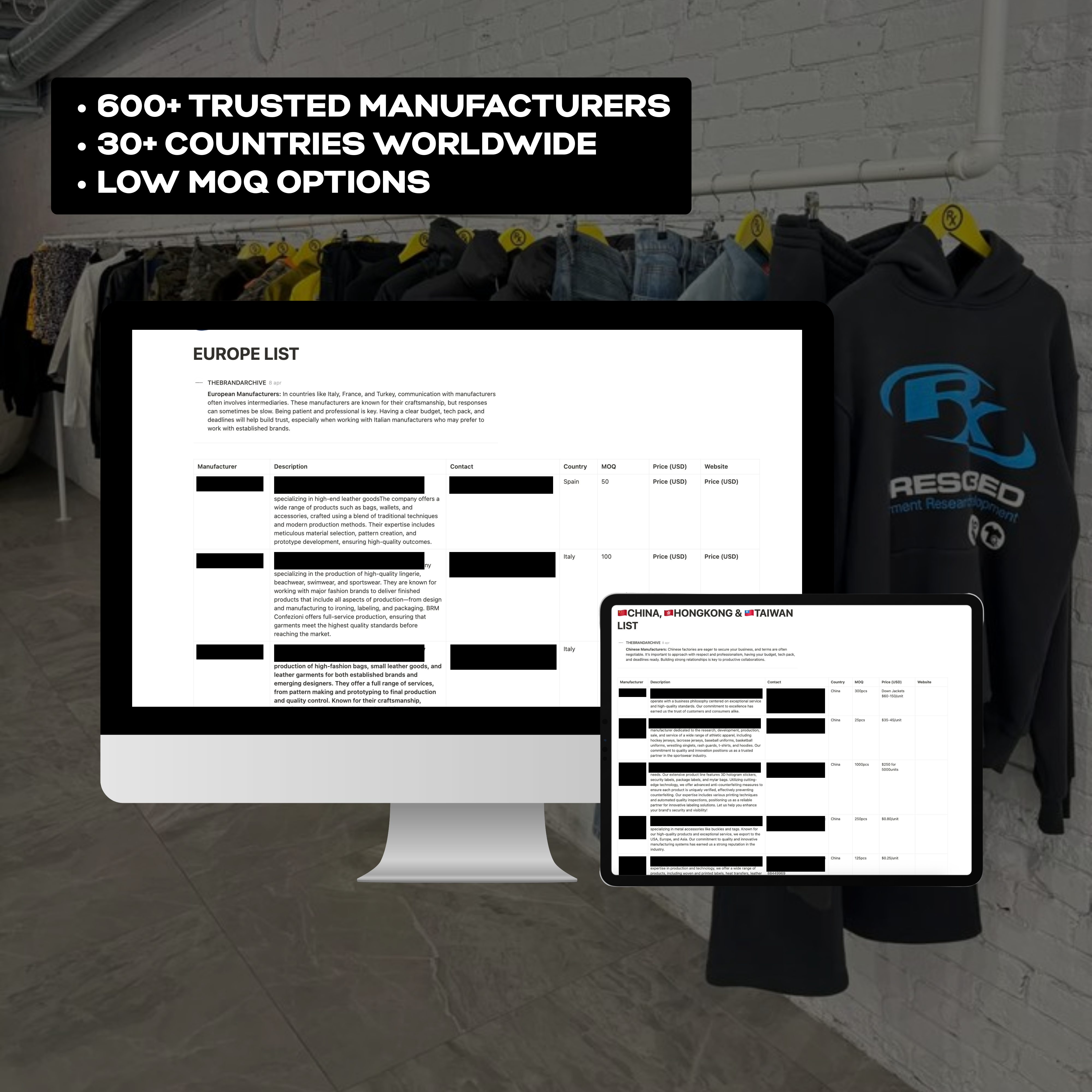 Preview of the global manufacturer list from the Ultimate Clothing Brand Bundle, featuring 600+ trusted suppliers from over 30 countries with low minimum order quantities (MOQs).