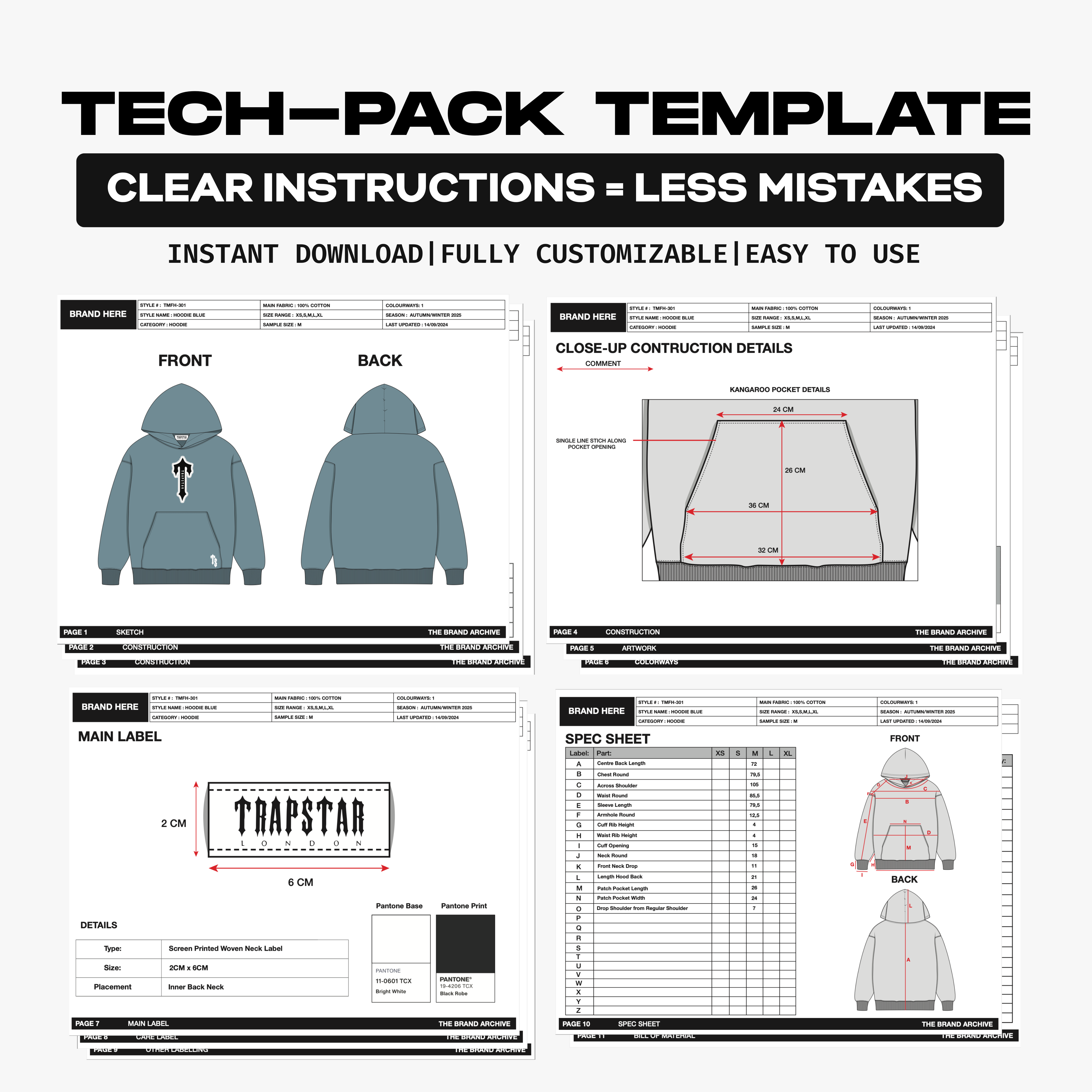 Tech pack template for fashion designers showcasing step-by-step pages like size charts, tech specs, and production details for easy customization