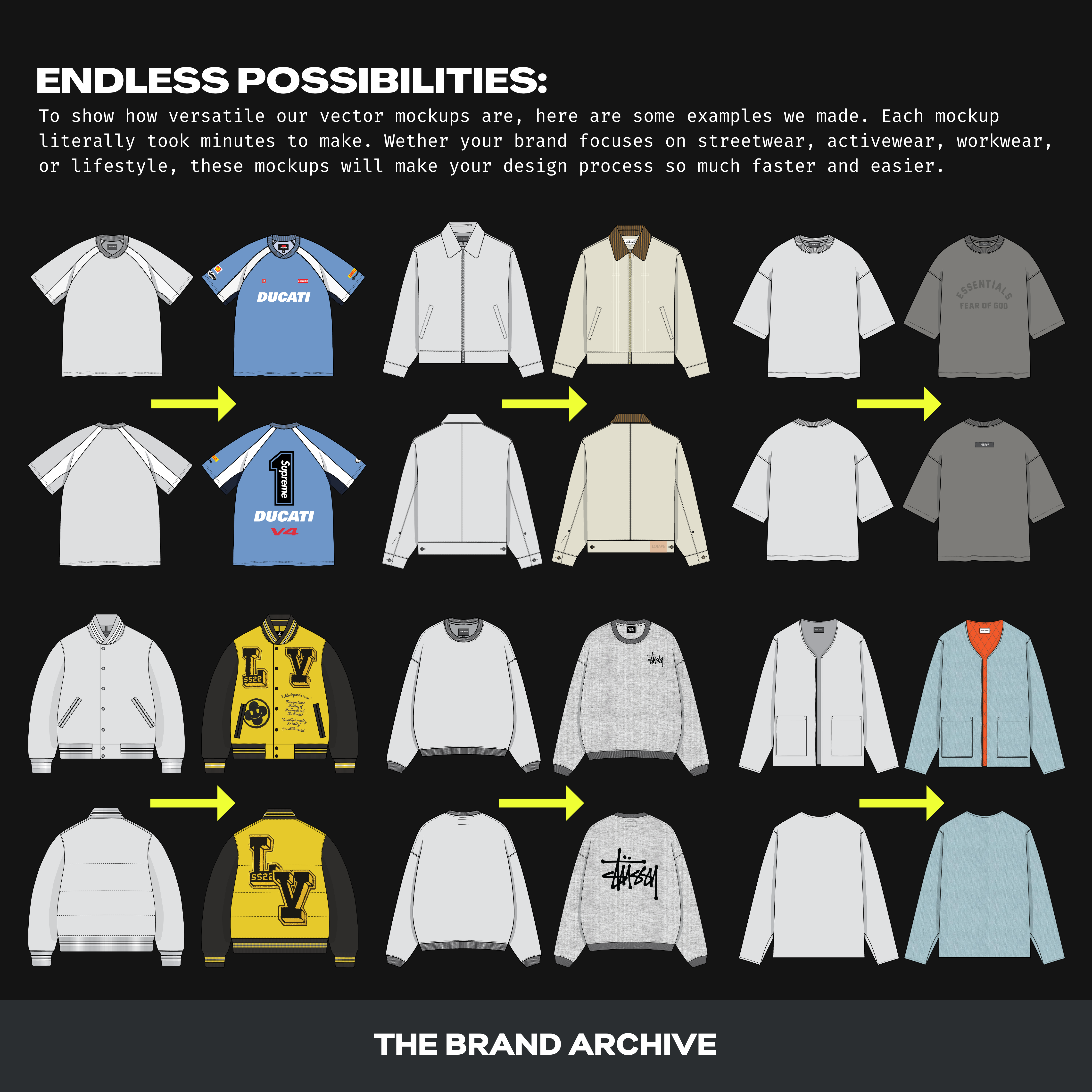 Showcase of multiple design examples created using the 400+ vector mockups from the Ultimate Clothing Brand Bundle, highlighting creative flexibility and endless possibilities.