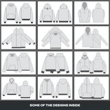 Preview of editable hoodie mockups from the Ultimate Clothing Brand Bundle, featuring clean vector designs for hoodies and zip-up hoodies.