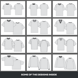 Preview of editable shirt mockups from the Ultimate Clothing Brand Bundle, featuring clean vector designs for t-shirts and long-sleeves.