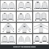 Preview of editable sweater mockups from the Ultimate Clothing Brand Bundle, featuring clean vector designs for hoodies and crewnecks.