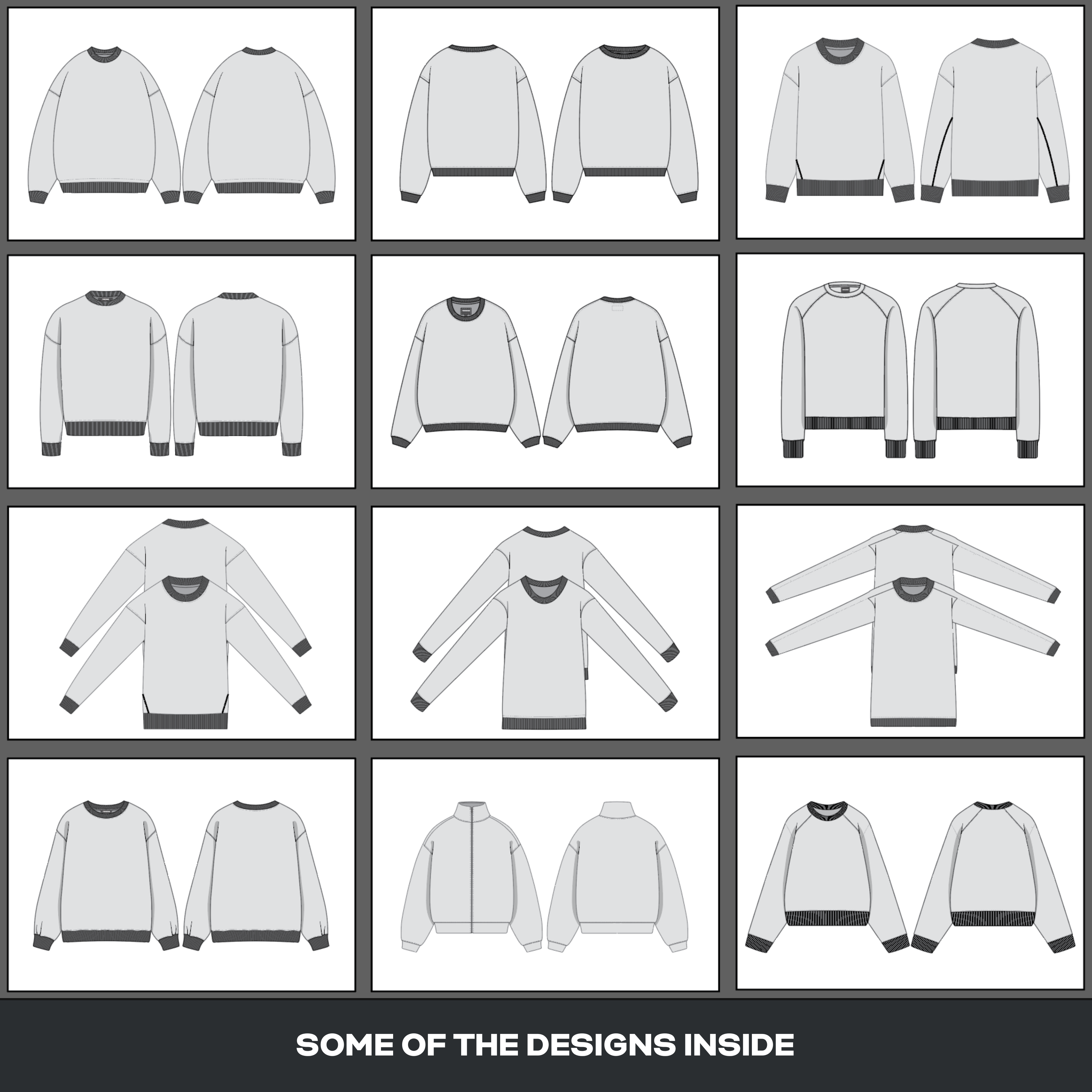 Preview of editable sweater mockups from the Ultimate Clothing Brand Bundle, featuring clean vector designs for hoodies and crewnecks.