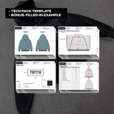 mage showing a completed fashion tech pack template filled in with all necessary details including design sketches, material specifications, and production instructions for a clothing brand