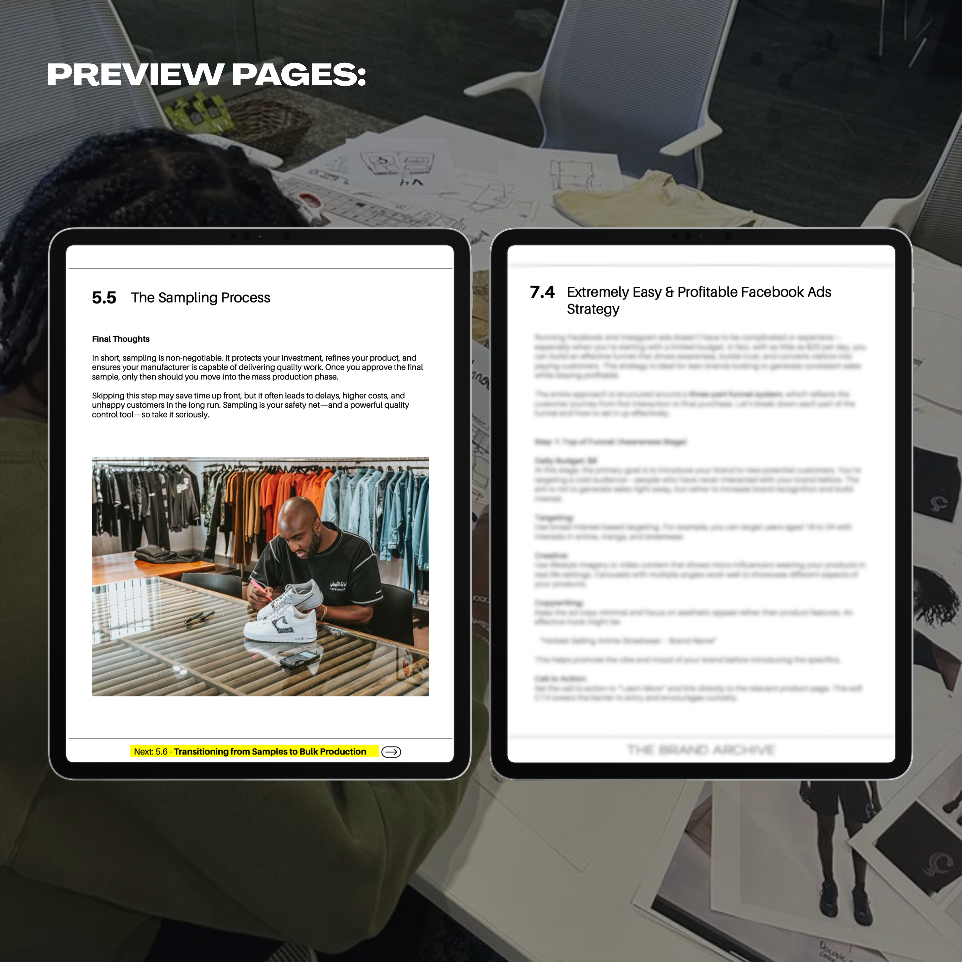 Screenshot from the Six-Figure Clothing Brand Guide showing a detailed Facebook Ads strategy tailored for fashion brands.