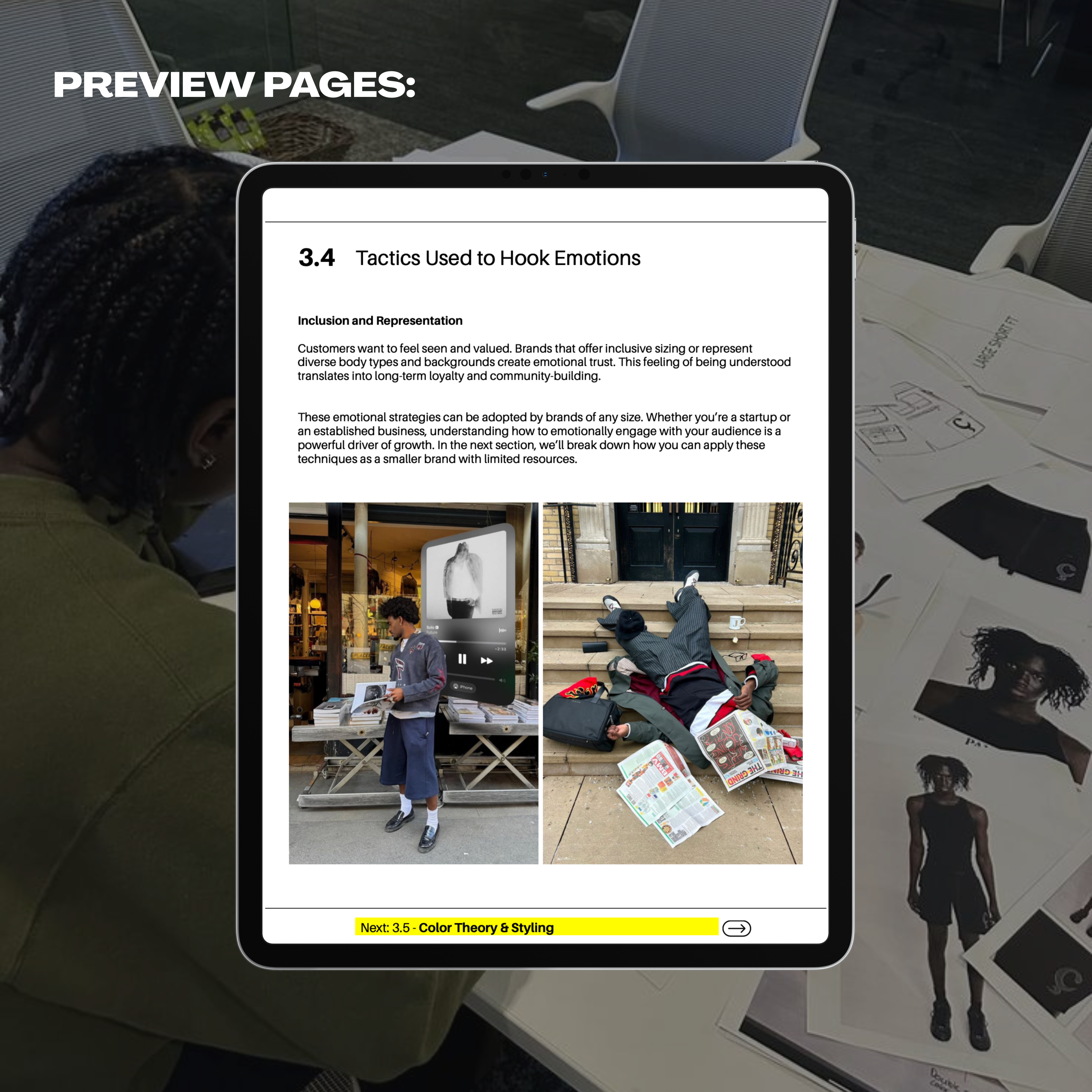 Screenshot from the Six-Figure Clothing Brand Guide showing a detailed a page with tactics used to hook emotions tailored for fashion brands.