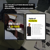 Cover image of the Six-Figure Clothing Brand Guide included in the Ultimate Clothing Brand Bundle, featuring 130+ pages of brand-building strategies and free downloadable templates.