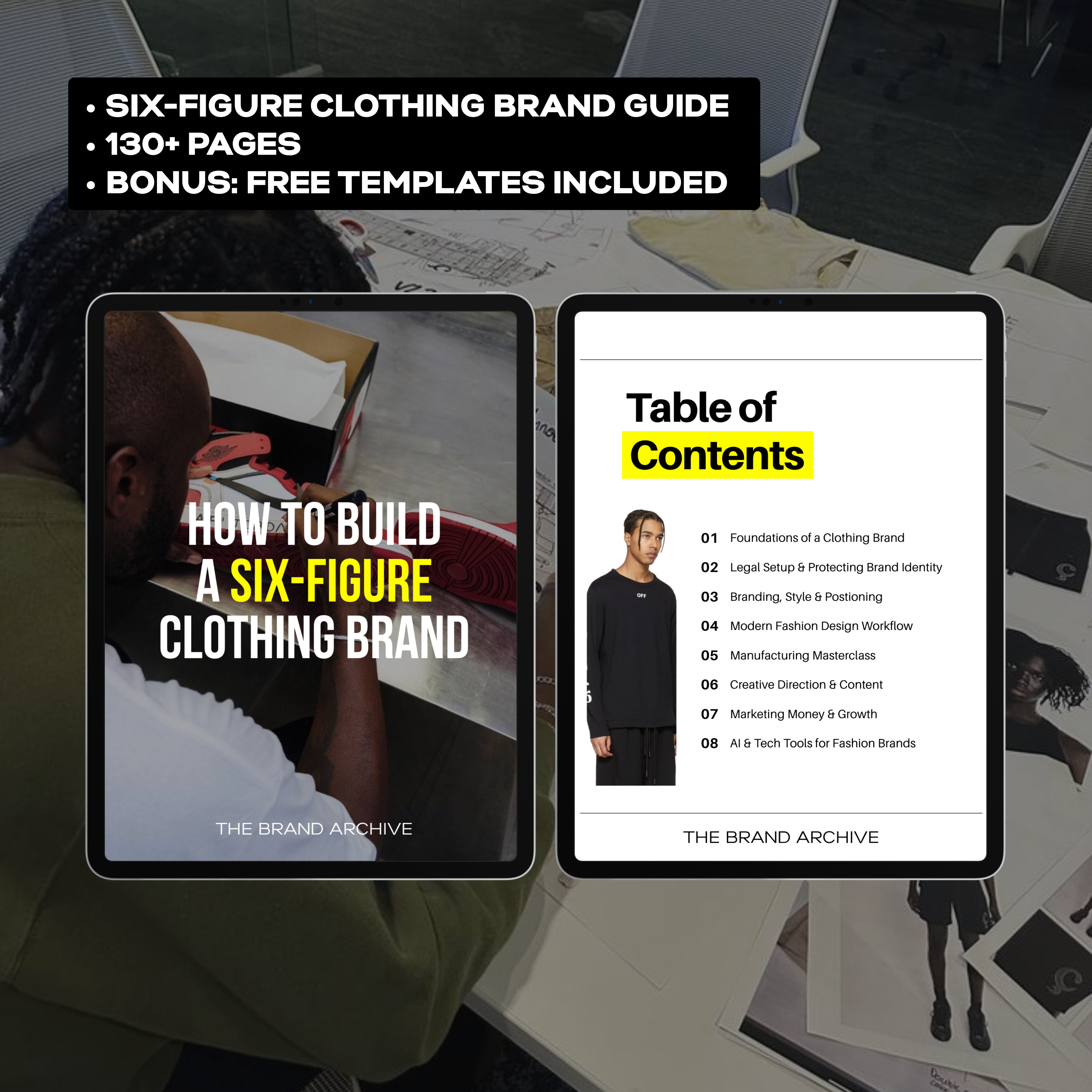Cover image of the Six-Figure Clothing Brand Guide included in the Ultimate Clothing Brand Bundle, featuring 130+ pages of brand-building strategies and free downloadable templates.