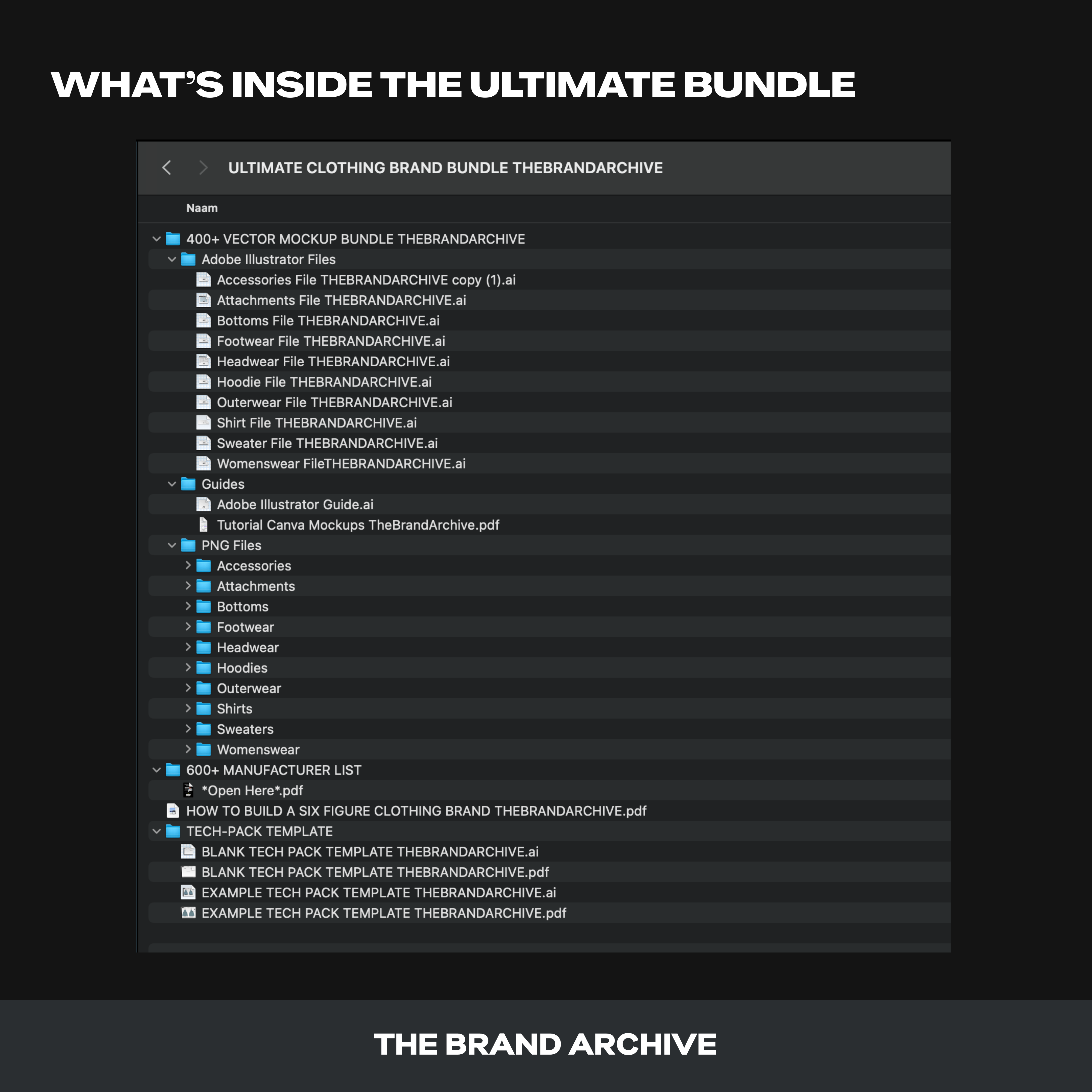 Preview of the Ultimate Clothing Brand Bundle folder showing all included files such as vector mockups, manufacturer list, branding tools, eBooks, and templates.