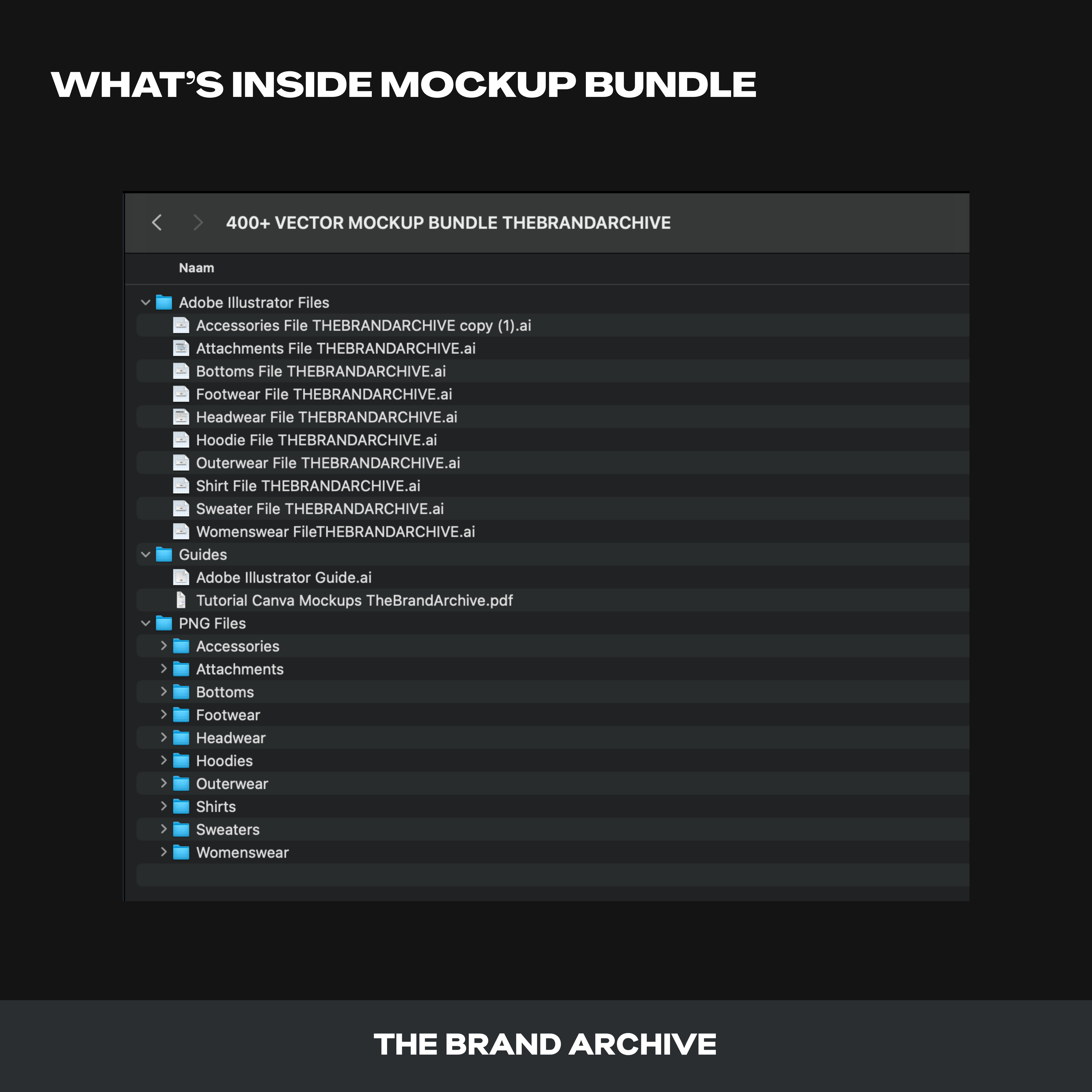 Screenshot displaying the contents of our 400+ vector mockup bundle, including T-shirt, hoodie, sweater, and other apparel mockups, all ready for customization and use in your clothing brand designs